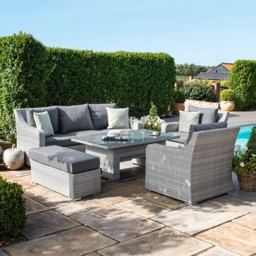 B Ascot 3 Seat Rattan Sofa Dining Set with Rising Table & Weatherproof Cushions