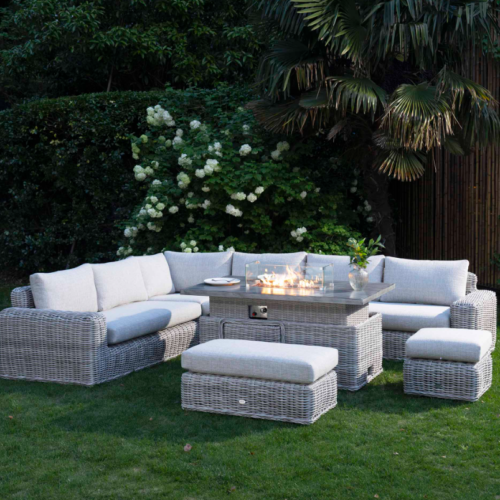 Z Bellagio Round Wicker Large Corner Casual Dining Set with Rising Firepit Table, Light Grey